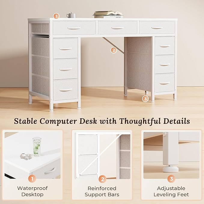 PRAISUN 47 Inch Office Desk with Outlets, Computer Desk with 9 Fabric Drawers, Writing Gaming Work Study Desk for Bedroom, Living Room, Home Office, Large Storage, White