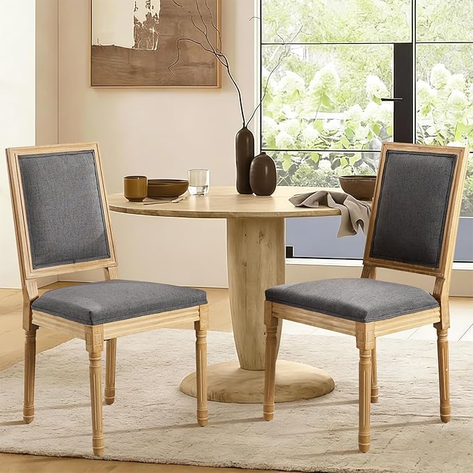 Upholstered Back Dining Chairs Set of 6, French Country Padded Kitchen Chairs, Rustic Solid Wood Farmhouse Chairs for Dining Room & Breakfast Nook, Dark Gray