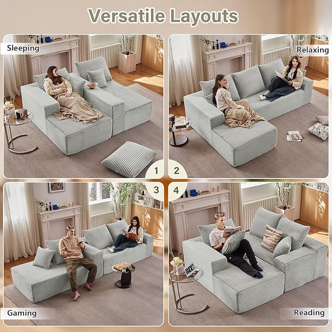 107" Cloud Sectional Couch with L-Shape Chaise, Modern Modular Comfy Sofa with Deep Seat, Upholstered Corduroy Couches Sleeper Chaise Longue for Living Room Bedroom, No Assembly Required, Grey