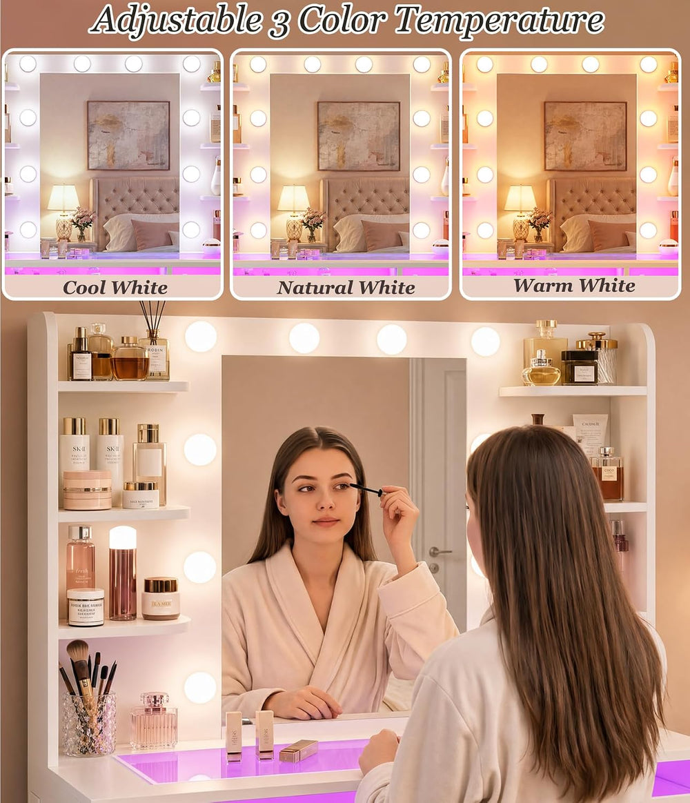 ALEXNUTRE Vanity Desk, Makeup Vanity Desk with Mirror and Lights 3 Colors, Tr...