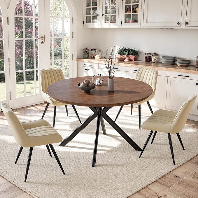 47.2" 5-Piece Round Dining Table Set for 4, Modern Wood Dining Table with 4 Upholstered Chairs, Kitchen & Dining Room Table Set with Metal Base for Apartment, Small Space, Walnut Table+4 Beige Chairs