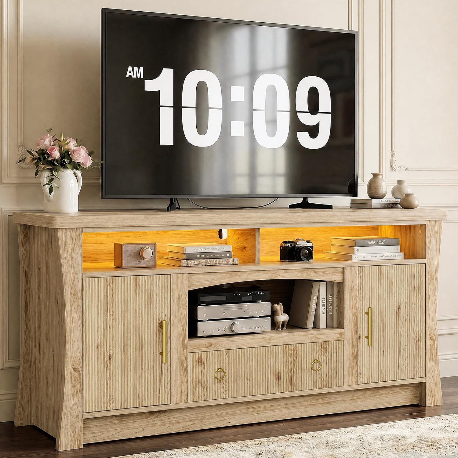 LIKIMIO TV Stand for 65 inch TVs, Entertainment Center with Power Outlet | 2 Storage Cabinets and Drawer. 60,000-color LED with Remote and APP Control. Cable Management Hole. P2 MDF. Easy Setup.