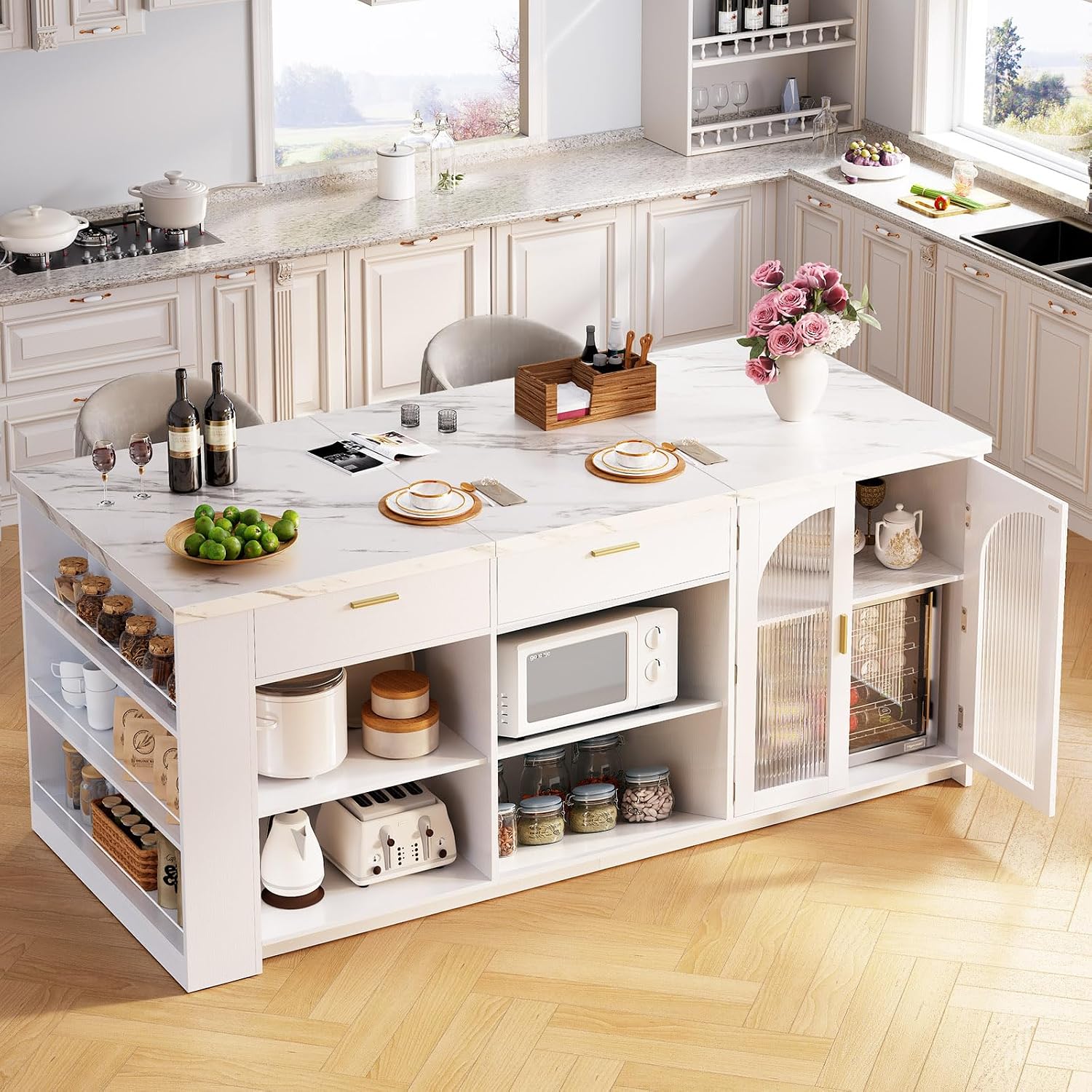 IBF 71" Modern Large Kitchen Island with Storage, White Faux Marble & White | Wood Island Table with Seating for 4, Stationary Island Cabinet with Drawers & Fridge Space, Counter Height Island Bar