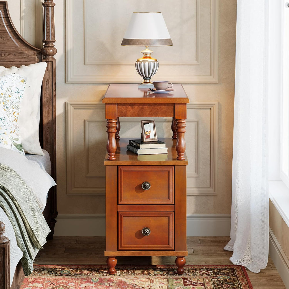 Tribesigns Cherry Finish Wood End Table with 2 Drawers, Mid-Century Wooden Sl...