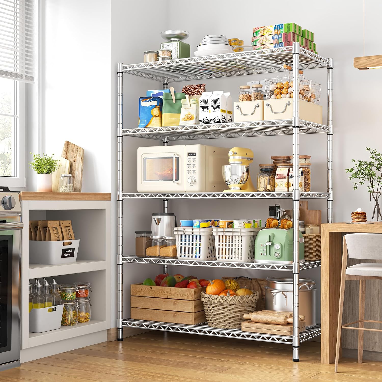 REIBII 72.8" Wire Shelving with Wheels,5 Tier 1653LBS Heavy Duty Shelves | Chrome rolling rack, 331 lbs/shelf, 5-tier, lockable wheels, rust-proof, adjustable height, tool-free, garage, kitchen