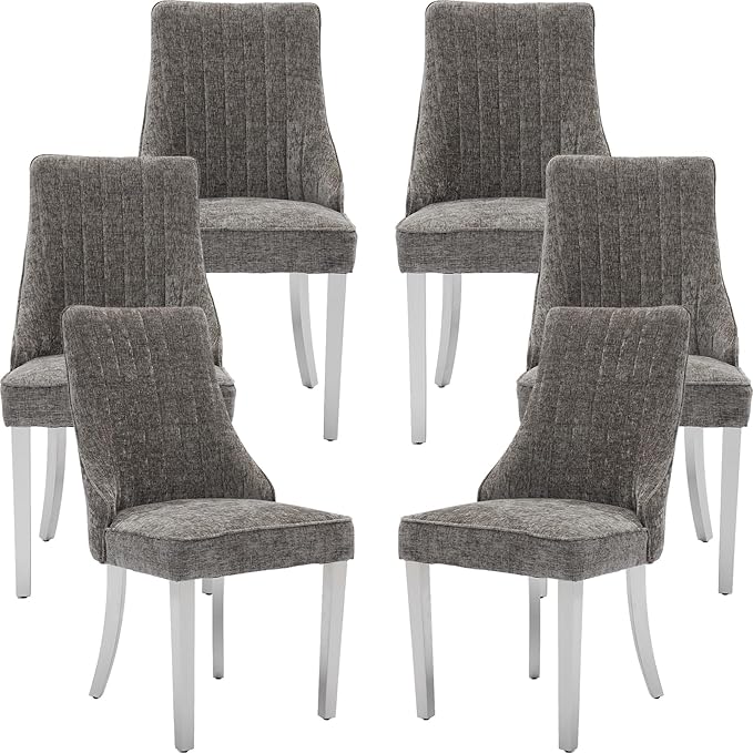 Grey Mid Century Dining Chairs Set of 6, Modern Kitchen & Dining Room Chairs Set of 6, Chenille Fabric Upholstered Kitchen Chairs, Sillas de Comedor, Silver Legs (Gray, 6 Pcs)