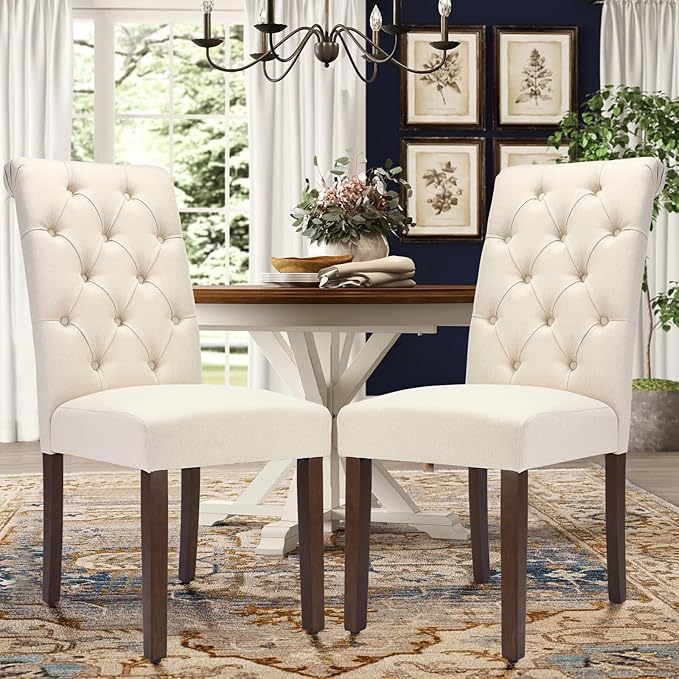 Tufted Dining Chairs Set of 4, Upholstered Parsons Dining Room Chairs, Fabric Kitchen Side Chair with Wood Legs, Beige