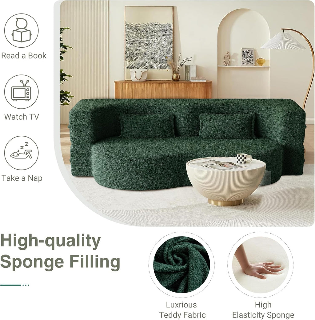 78" Convertible Folding Sofa Bed, 2-in-1 Full Size Floor Boneless Couch Bed, Loveseat sleeper Couch , Teddy Floor Sofa, Memory Foam Sleeper SofaBed, Small couches for small spaces, No Assembly (Green)