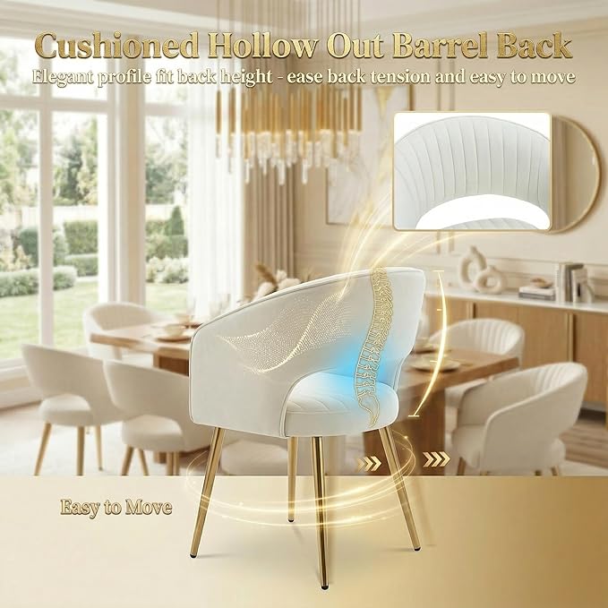Cream Velvet Dining Chairs Gold Legs, Modern Dining Room Chairs with Arms Set of 6 Upholstered Accent Chair Armchair with Barrel Back for Kitchen Living Room