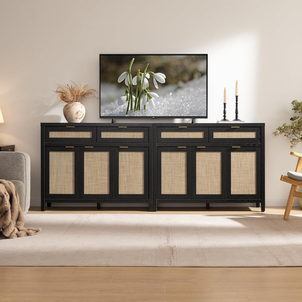 SICOTAS Rattan Sideboard Buffet Cabinet with Storage, Boho Credenza Accent Ca...