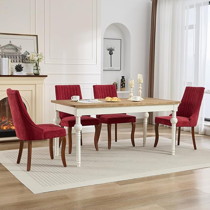 Burgundy Mid Century Dining Chairs Set of 2, Modern Kitchen & Dining Room Chairs Set of 2, Linen Upholstered Kitchen Chairs, Sillas de Comedor, Wood Legs (Wine Red, 2 Pcs)