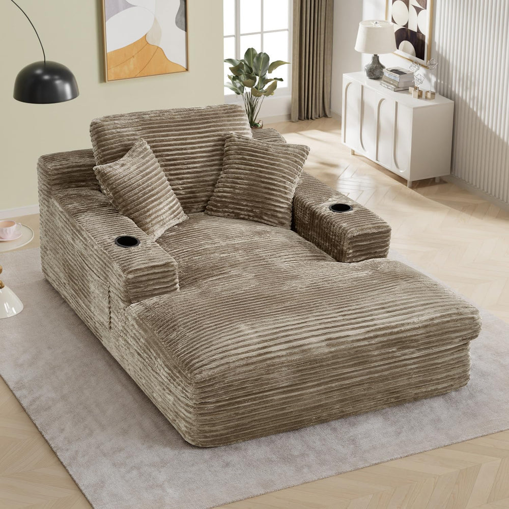 49" x 76" Corduroy Chaise Lounge, Cup Holders, Camel | Super-oversi...