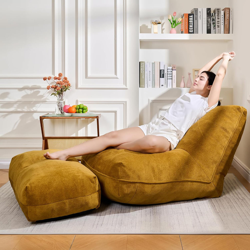 Cvortll Bean Bag Chair with Ottoman, Comfy Bean Bag Sofa with Memory Foam, Lazy BeanBag Sofa with Footstool, Fireside Bean Bag Couch for Living Room, Bedroom, Apartment (Yellow)