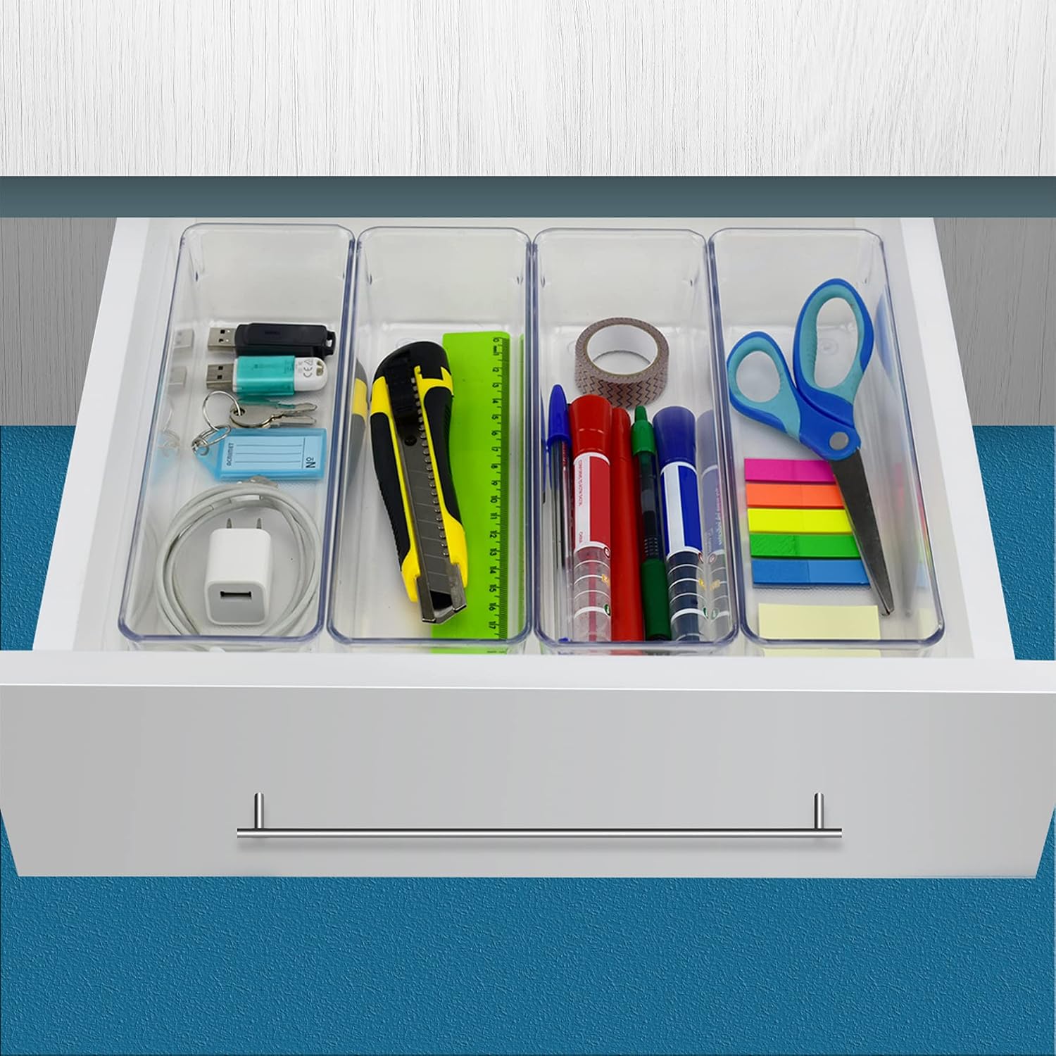 Acrimet Drawer Organizer Modular, Box Tray Storage Bins for Office, Home, Makeup, Kitchen, Junk Drawer ( 4 Pieces) (Clear Crystal Plastic)