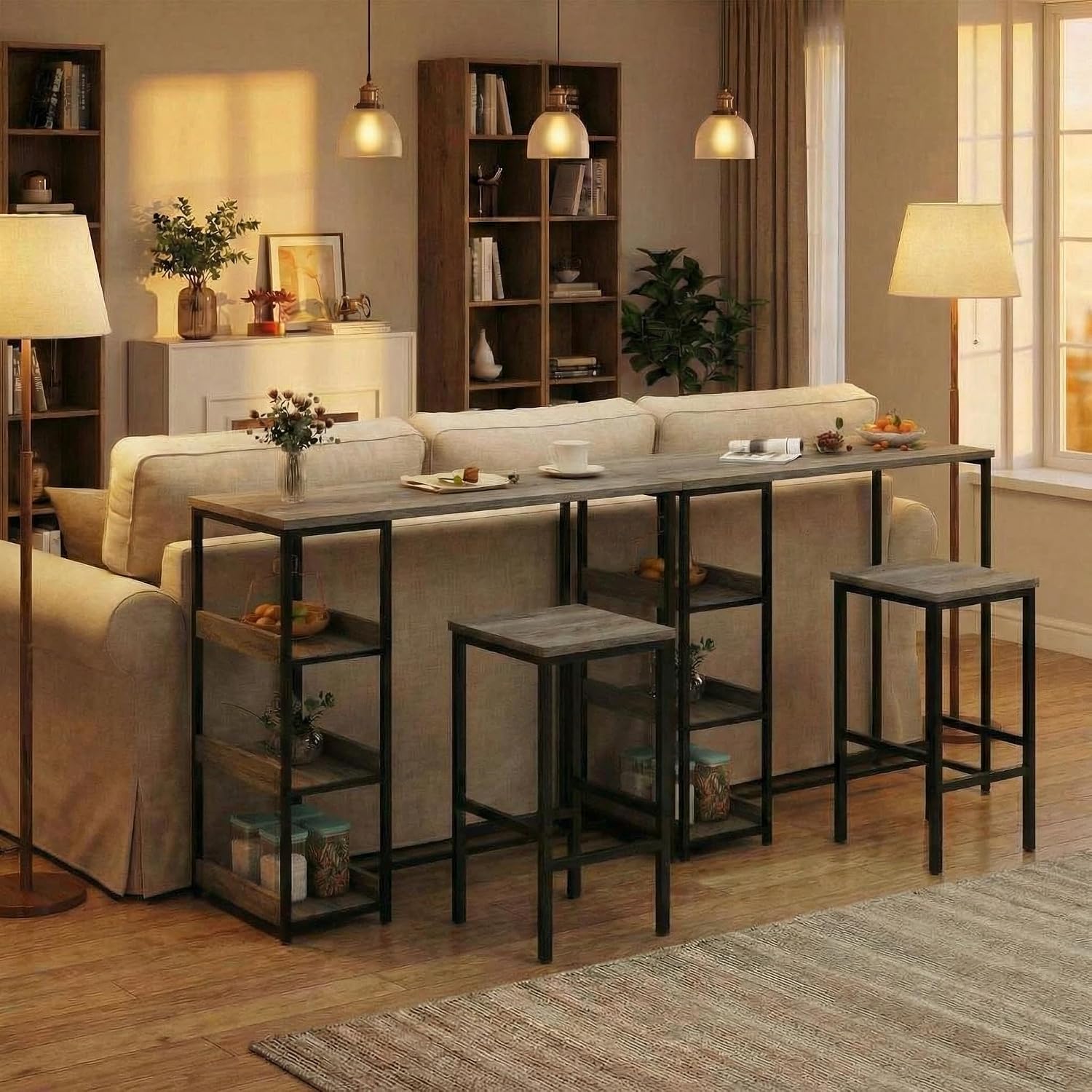 GarveeHome Dining Table Set for 2, Wood Table with Bar Stools | Kitchen Table with Storage Shelves for Small Spaces, Apartments, Condos, Grey