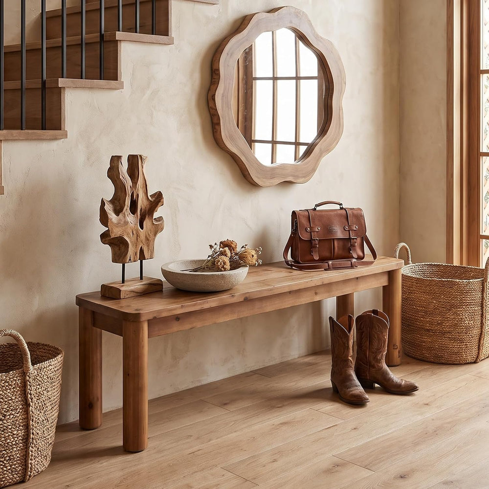 55" Solid Wood Entryway Bench | Farmhouse End of Bed Bench, Indoor Dinin...