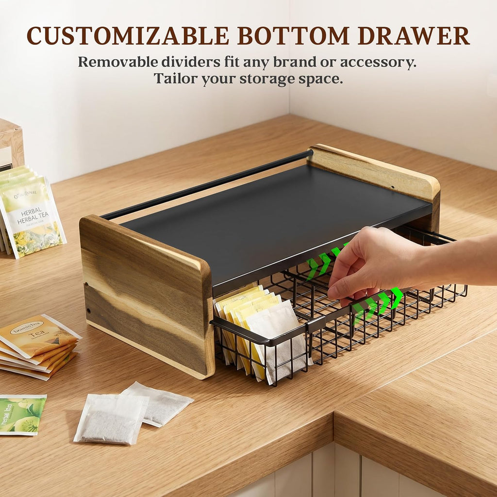 Acacia Wood Tea Bag Organizer for Countertop, 2-Tier Tea Box Storage Chest with Adjustable Dividers & Drawer, Fully Assembled Tea Station Display Holder for Kitchen Office, Rustic Brown