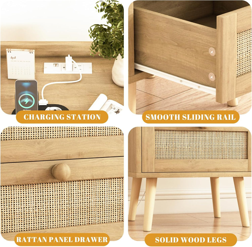 Rattan Nightstand with Charging Station, Mid Century Modern Bedside Side Table with 2 Drawers, Boho End Table with Wood Legs for Bedroom Natural Night Stand for Living Room