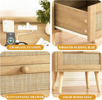 Rattan Nightstand with Charging Station, Mid Century Modern Bedside Side Table with 2 Drawers, Boho End Table with Wood Legs for Bedroom Natural Night Stand for Living Room