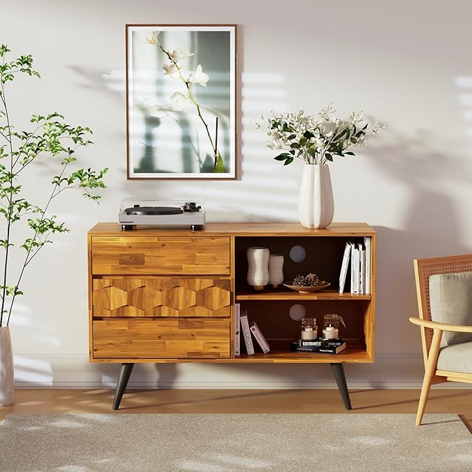 Bme Georgina 45 Inch Solid Wood TV Stand, Under 10 Minutes Assembly Entertainment Center with Storage, Geometric Pattern TV Console for Living Room, Bedroom, Dinning Room - Teak Brown