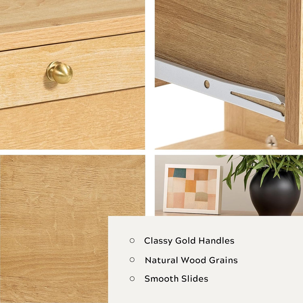End Table with 2 Drawers, Farmhouse Nightstand with Open Shelf, Modern Bedsid...