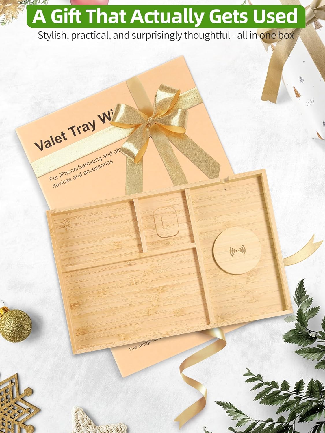 Bamboo Valet Tray with Dual Wireless Charger - EDC Nightstand Organizer for Men - Desk Tray & Catchall for Phone, Watch, Keys - Aesthetic Desk Accessories & Father’s Day Gift for Men (Natural)