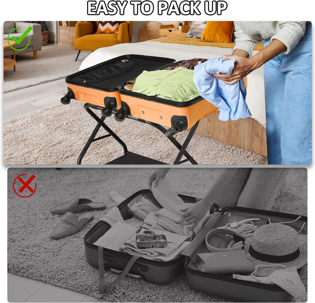 Luggage Rack Set of 2, Foldable Suitcase Stand with Fabric Storage Shelf Easy Assemble Metal Luggage Holder with Straps for Guest Room Bedroom Hotel, Black