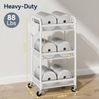 YASONIC 3 Tier Rolling Cart – Metal Utility Storage Carts with Wheels, Craft Carts Organizer with Hanging Cups, Hooks, Mesh Basket for Bedside Kitchen Office Art, White