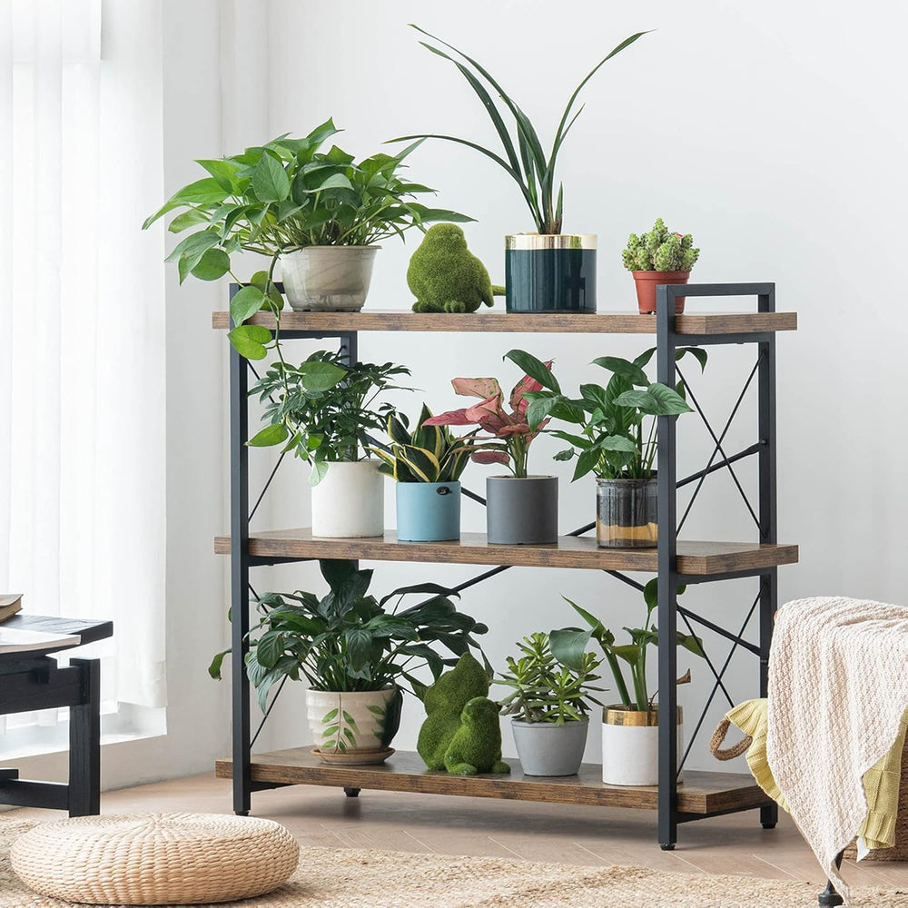HCHQHS Bookshelf, 3-Tier Industrial Bookcase, Rustic Open Book Shelf, Wood an...
