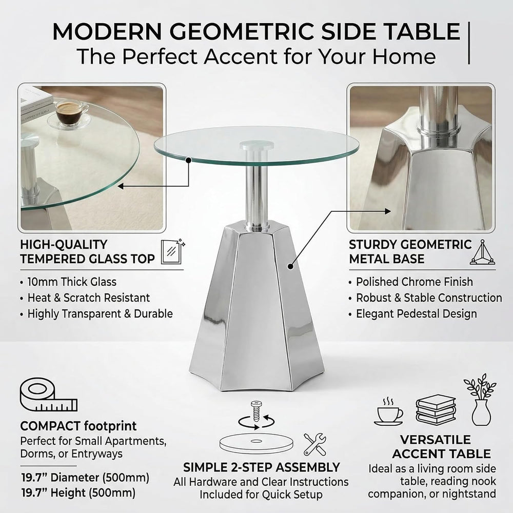 FT Global Round Glass Side Table, 19.7" Clear Tempered Glass Top with Ch...