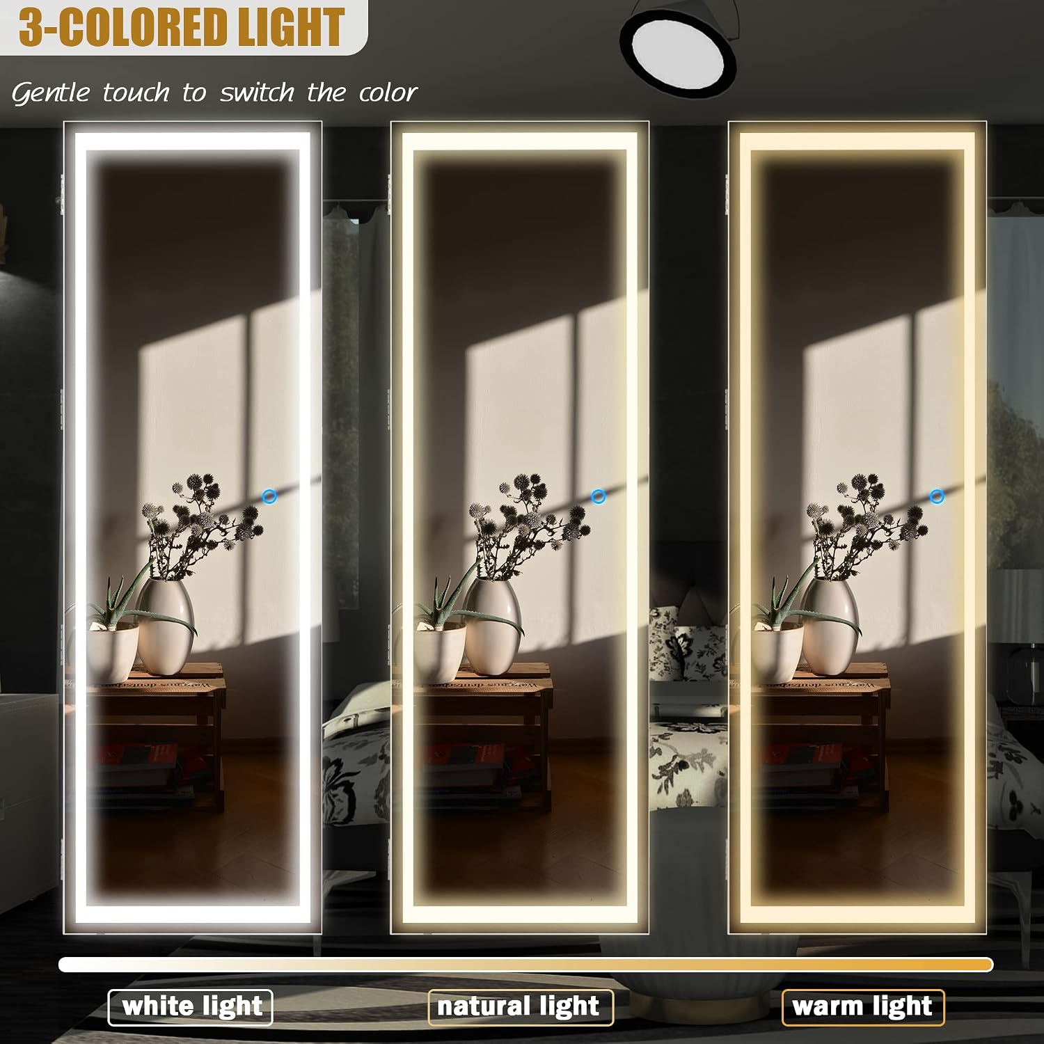 Becko US LED Mirror Jewelry Cabinet with 3 Colored Light, Wall/Door Mounted Wooden Jewelry Armoire, 47-Inch Full Length Lighted Mirror with Storage, Lockable Jewelry Organizer for Bedroom (White)