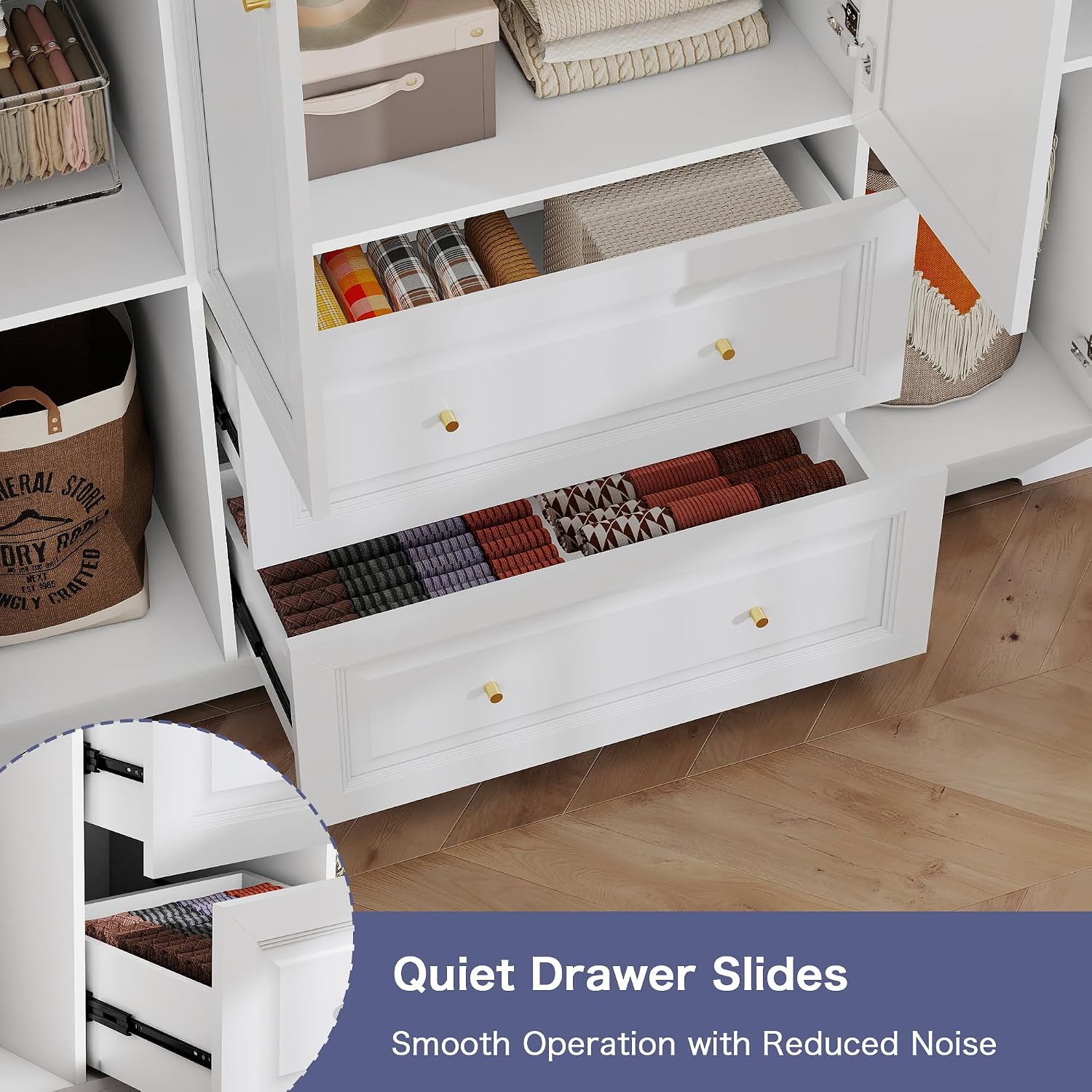Armoire Wardrobe Closet with Drawers: 74" White Wardrobe with 2 Drawers, 4 Doors Bedroom Armoires with Hanging Rod, Tall Closet Cabinet for Hanging Clothes (59")