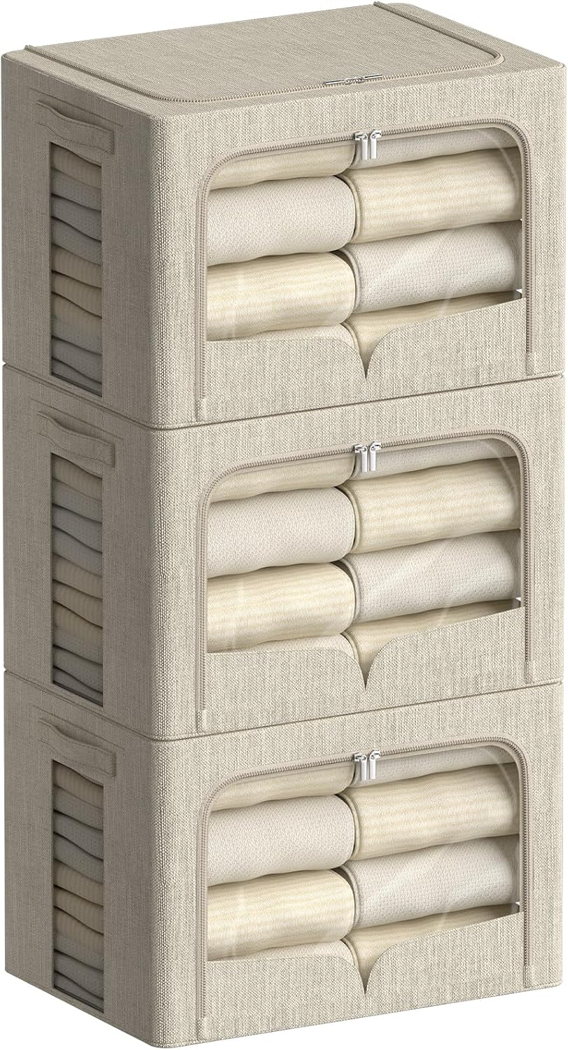 FHSQX 3 Pack Clothes Storage Bins - Foldable Metal Frame Storage Box - Stackable Linen Fabric Container Organizer Set with Carrying Handles and Clear Window (Beige, 16.5x12.2x12.2inch(40L))