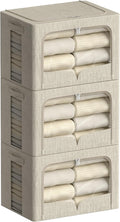 FHSQX 3 Pack Clothes Storage Bins - Foldable Metal Frame Storage Box - Stackable Linen Fabric Container Organizer Set with Carrying Handles and Clear Window (Beige, 16.5x12.2x12.2inch(40L))