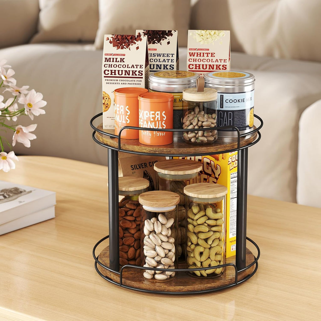 LAMU 10'' Wood Lazy Susan Turntable Organizer for Cabinet, 2 Tier Lazy Susan Spice Rack Organizer for Kitchen, Table Top, Countertop, Pantry, Medicine Organizer