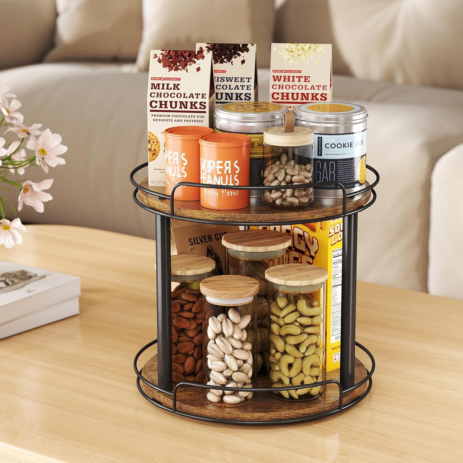 LAMU 10'' Wood Lazy Susan Turntable Organizer for Cabinet, 2 Tier Lazy Susan Spice Rack Organizer for Kitchen, Table Top, Countertop, Pantry, Medicine Organizer