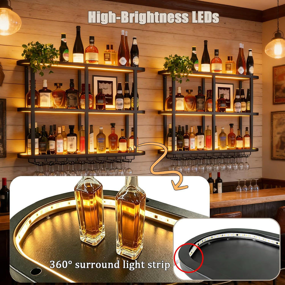 70.8in Wine Rack Wall Mounted - 360° Wrap-Around Curved LED Lights | 3-Tier F...