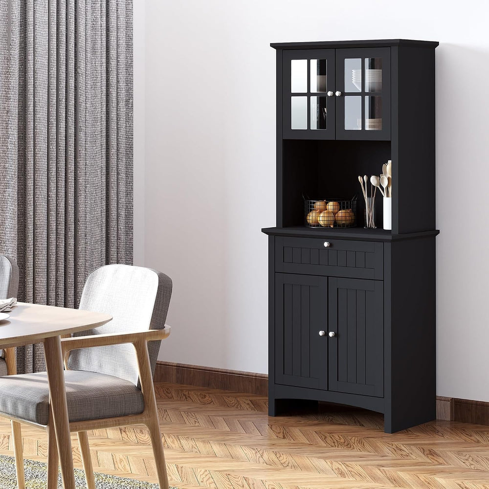 Kitchen Pantry Storage Cabinet with Framed Glass Door Drawer and Microwave Sp...