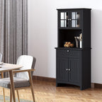 Kitchen Pantry Storage Cabinet with Framed Glass Door Drawer and Microwave Space, Black,for Kitchen