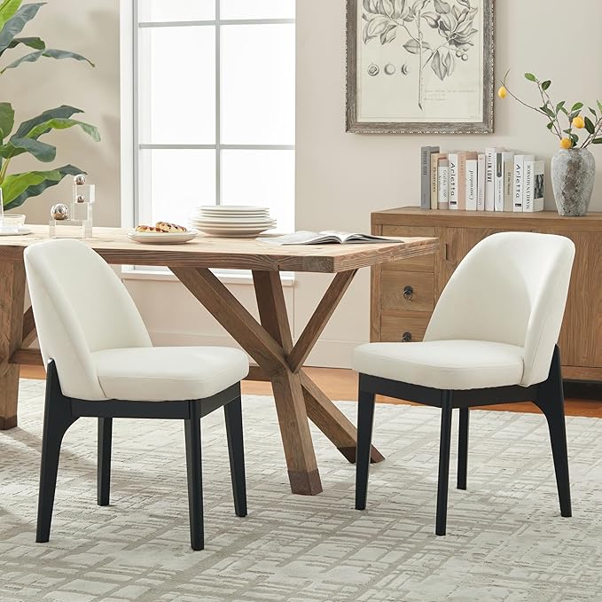 VKNOW Wooden Dining Chairs Set of 6, Upholstered Dining Room Chairs with Rubberwood Legs and Padded Seats, Kitchen Chairs for Restaurant Kitchen Living Room, Ivory White