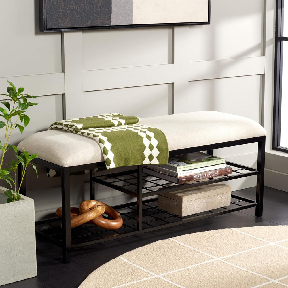 SAFAVIEH Home Collection Milligan Cream/Black Open Shelf Bench with Cushion