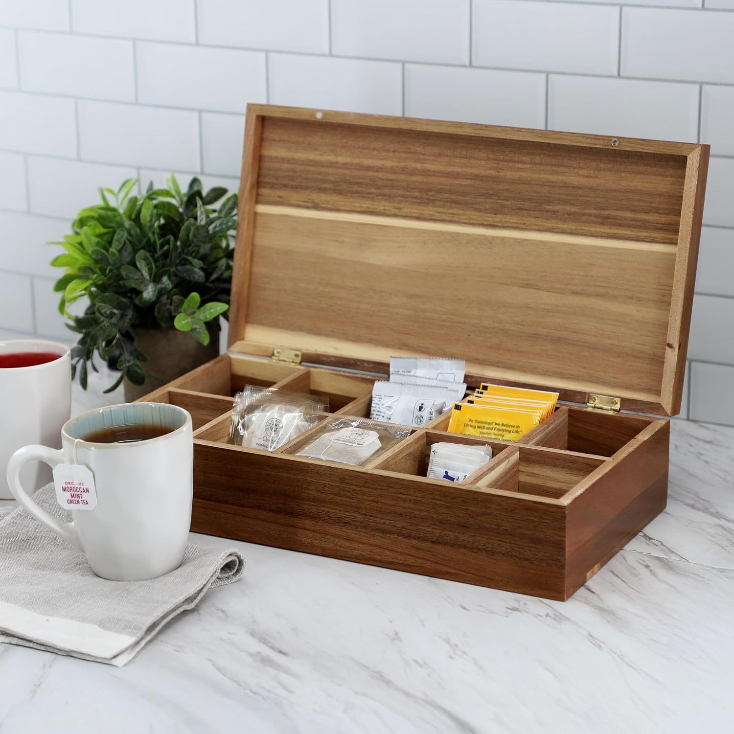 Elama Acacia Wood 14.25 x 7.5 Inch 10 Compartment Tea Box, Tea Bag Organizer, Magnetic Lid, Kitchen Storage