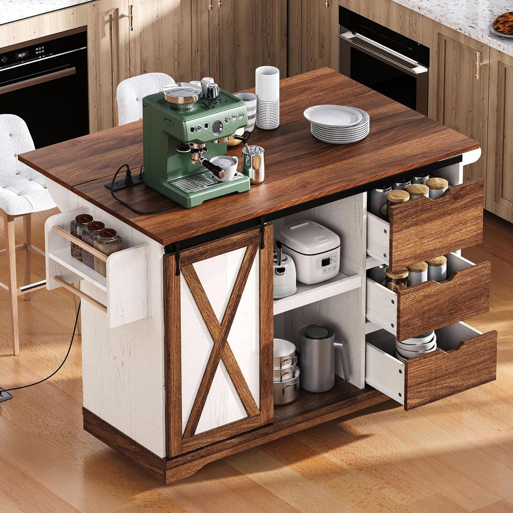 Ball & Cast Farmhouse Kitchen Island with Drop Leaf & Barn Door,Rolling Kitchen Cart on Wheels with Power Outlet,3 Large Drawers,Adjustable Shelf & Spice Rack,for Home,Kitchen,Dining Room,White,56"