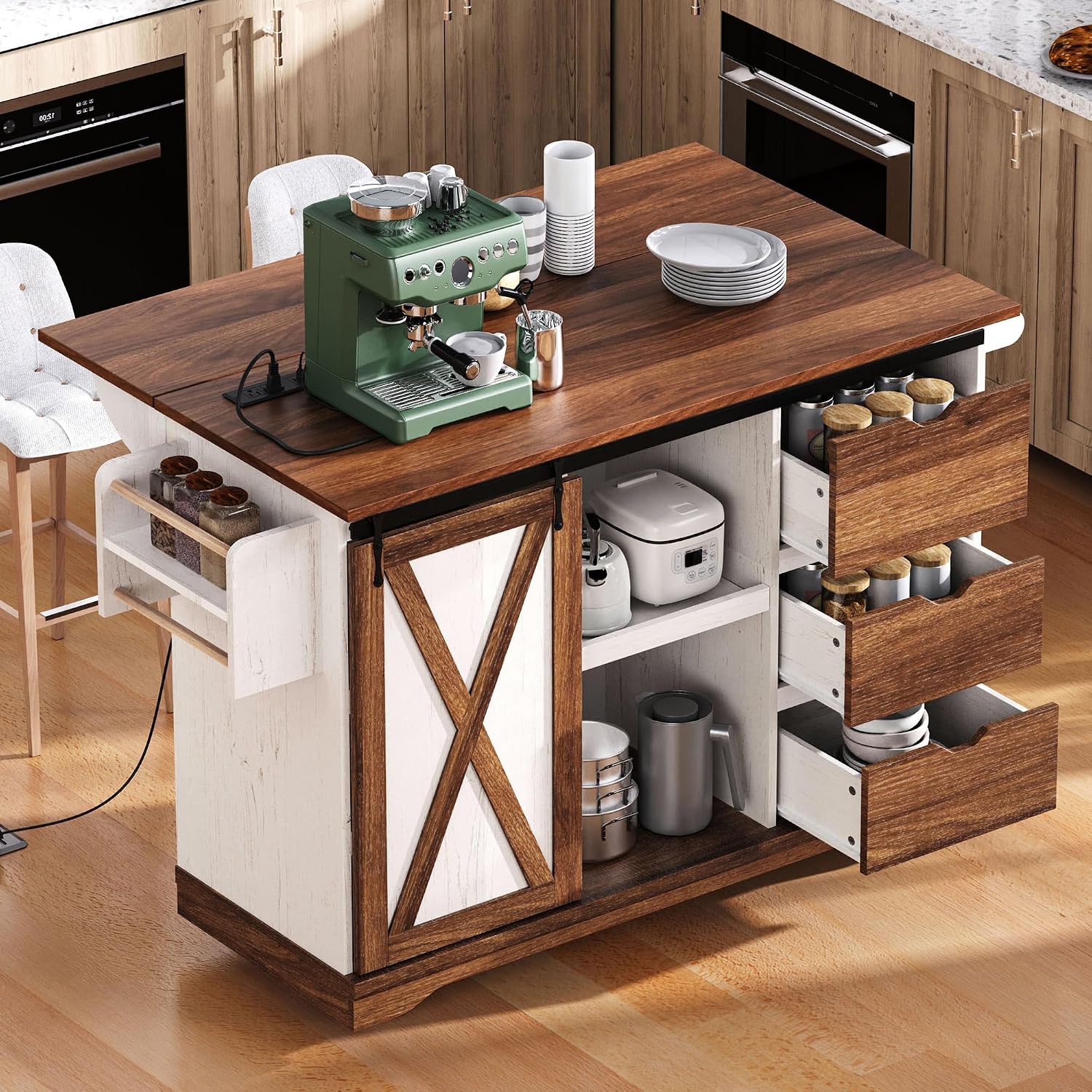 Ball & Cast Farmhouse Kitchen Island with Drop Leaf & Barn Door,Rolling Kitchen Cart on Wheels with Power Outlet,3 Large Drawers,Adjustable Shelf & Spice Rack,for Home,Kitchen,Dining Room,White,56"