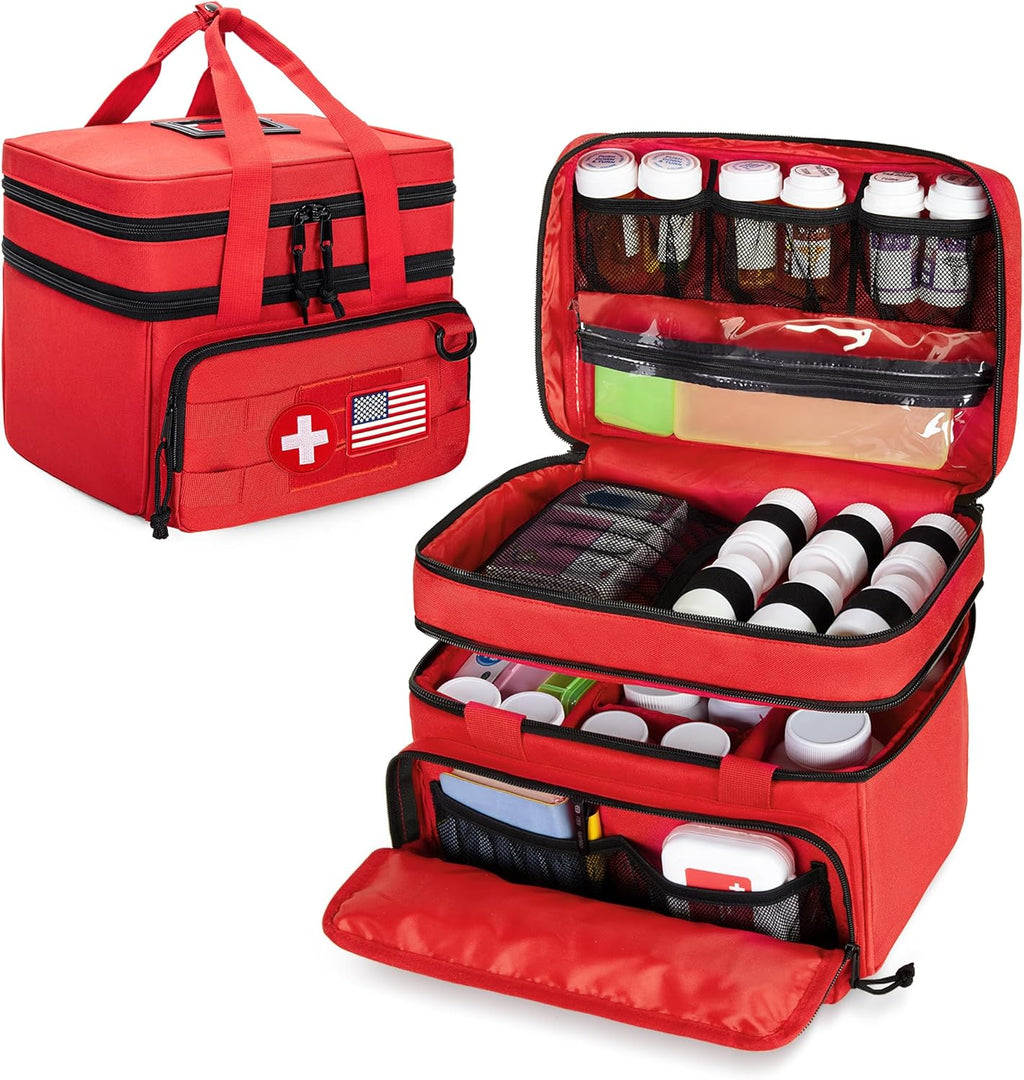 CURMIO Tactical Pill Bottle Organizer Case, Double Layers Medicine Storage Bag for Medication Bottles, Vitamins, Medical Supplies, Red (Bag Only)