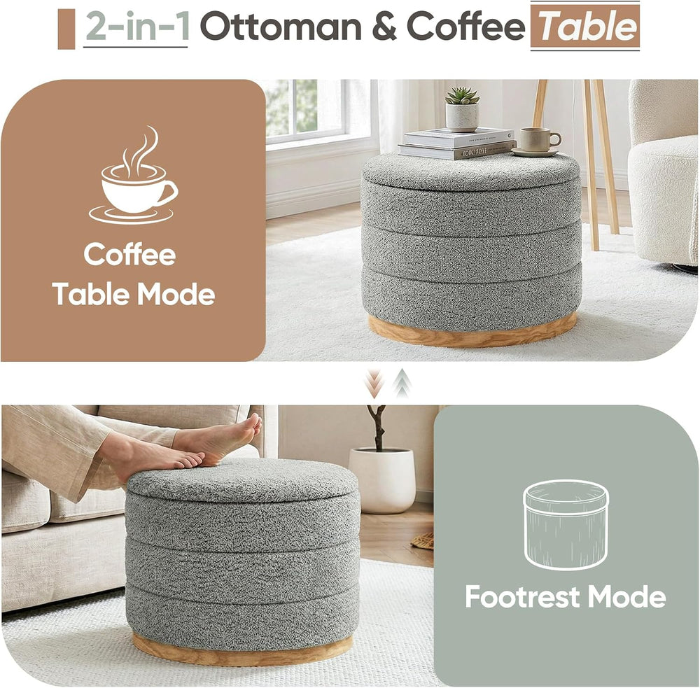 Round Storage Ottoman with Tray Lid, Folding Chenille Fabric Footrest with Hi...