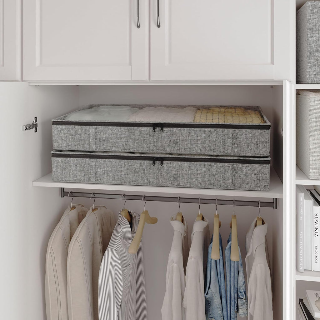 Gray Low Profile Under Bed Storage Containers 5 inches high, 33.8"x 17.7"x 5.1", Sturdy Underbed Shoe Storage Organizer, Foldable Fabric Under the Bed Storage Bins - Pack of 2