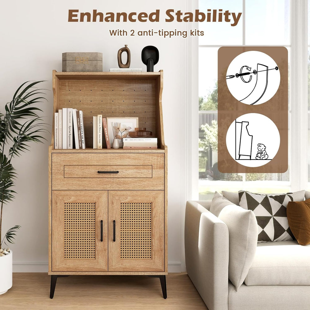 LDAILY Kitchen Pantry Cabinet, Rattan Buffet Cabinet with Hutch, DIY Pegboard...