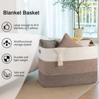 OIAHOMY 108L Super Large Blanket Basket, 25”x16”x16”(108L) Rectangle Woven Baskets for Storage, Cotton Rope Basket For Living Room, Toy Storage with Handle- Gradient Dark Brown