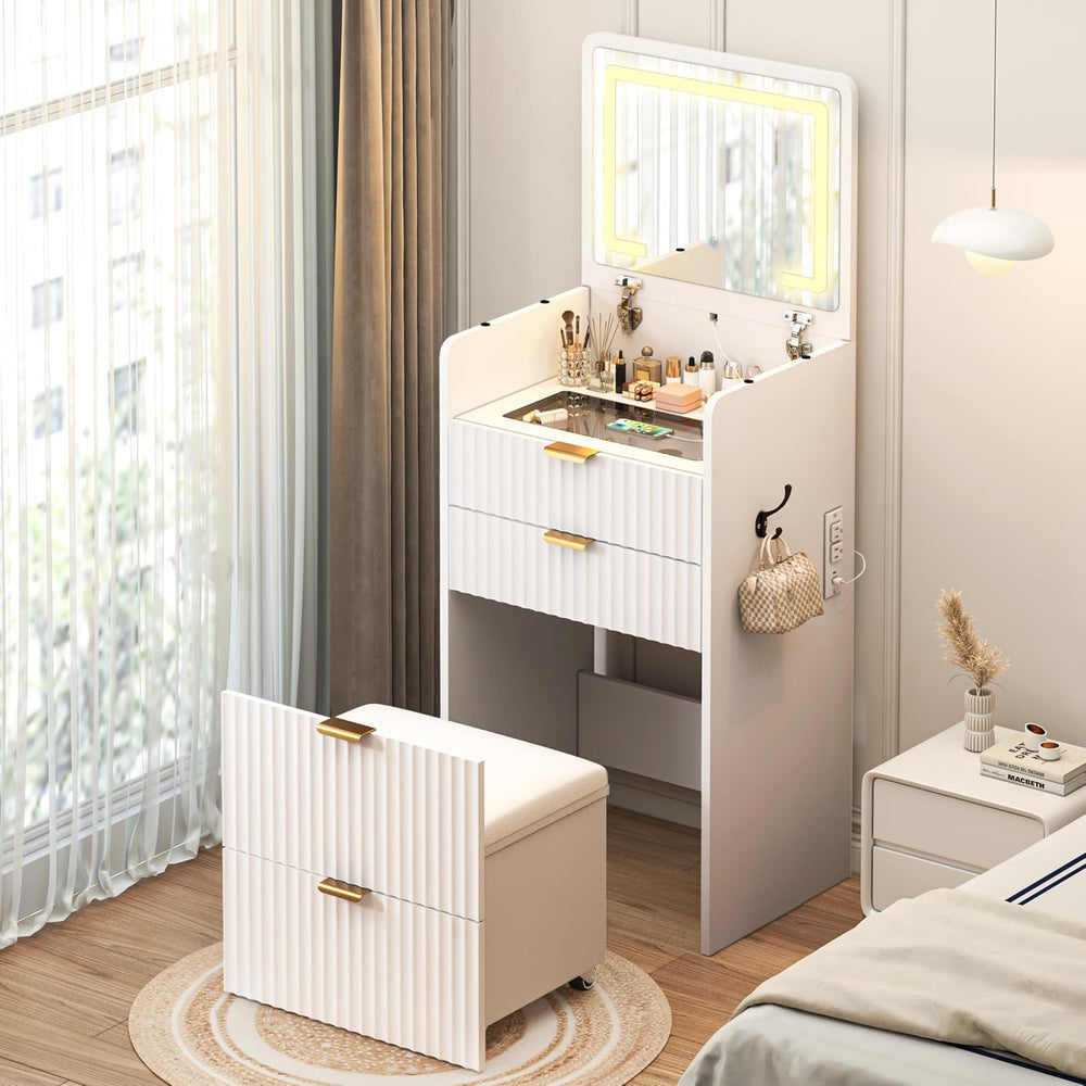 3 in 1 Vanity Desk with Flip Top Mirror and Lights, Small Makeup Vanity with ...